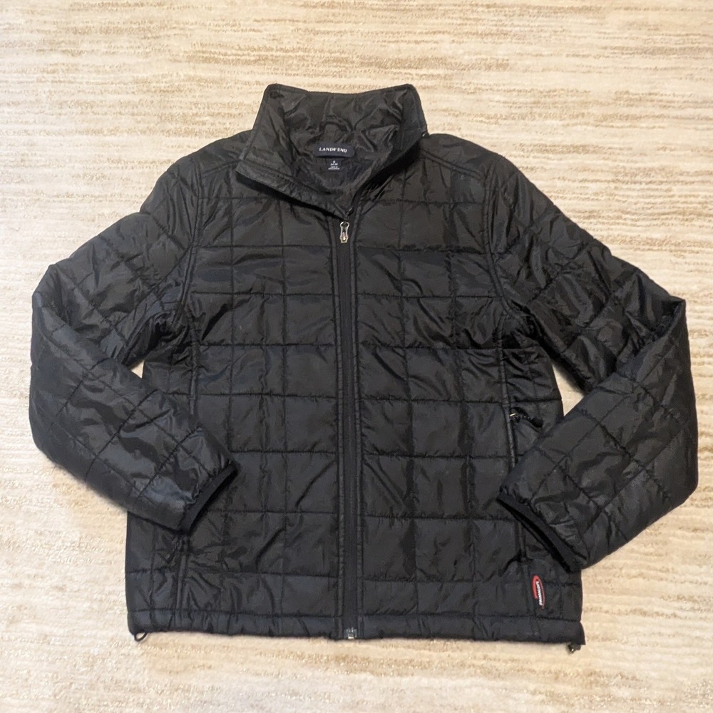 Lands End Puffer Jacket Mens Sz Small Black Primaloft Quilted Full Zip Insulated